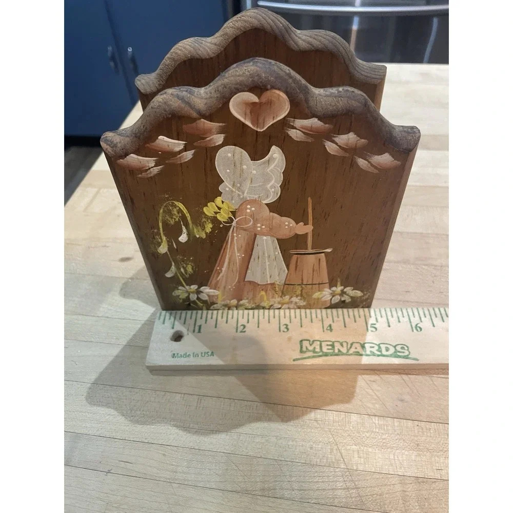 Vtg Wooden Sunbonnet Girl Pie Flowers Hand Painted Napkin Holder Country Prairie